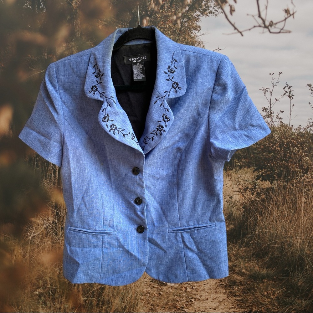 Perceptions,Crop Jacket, Size 12 Blue Embroidered… - image 1